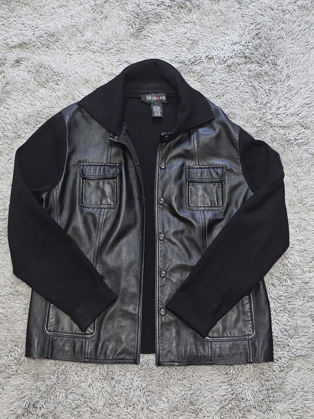 Style & Co. Black Shacket Soft Sweater Material & Leather Panels Sz Lg